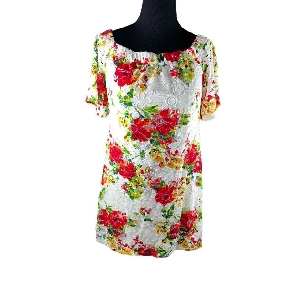 Sandra Darren off the shoulder lace floral tropical shift dress size 12